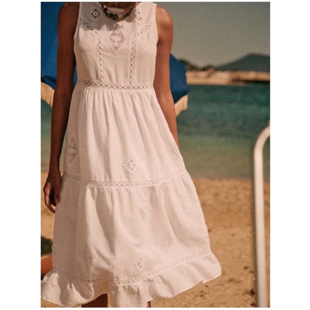 Sezane Zarri embroidered white/ecru lace midi dress.  Cotton/linen. Size 38